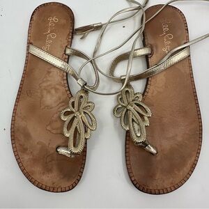 Lilly Pulitzer Pier Tie Up Tassel Gladiator Gold Leather Sandals Size 6.5 M